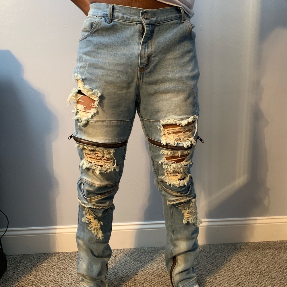 Denim House light wash distressed zipper  jean